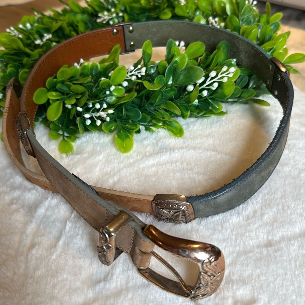 Vintage 90s Multicolor Leather Western Belt with Silver-Tone Buckle - Brighton